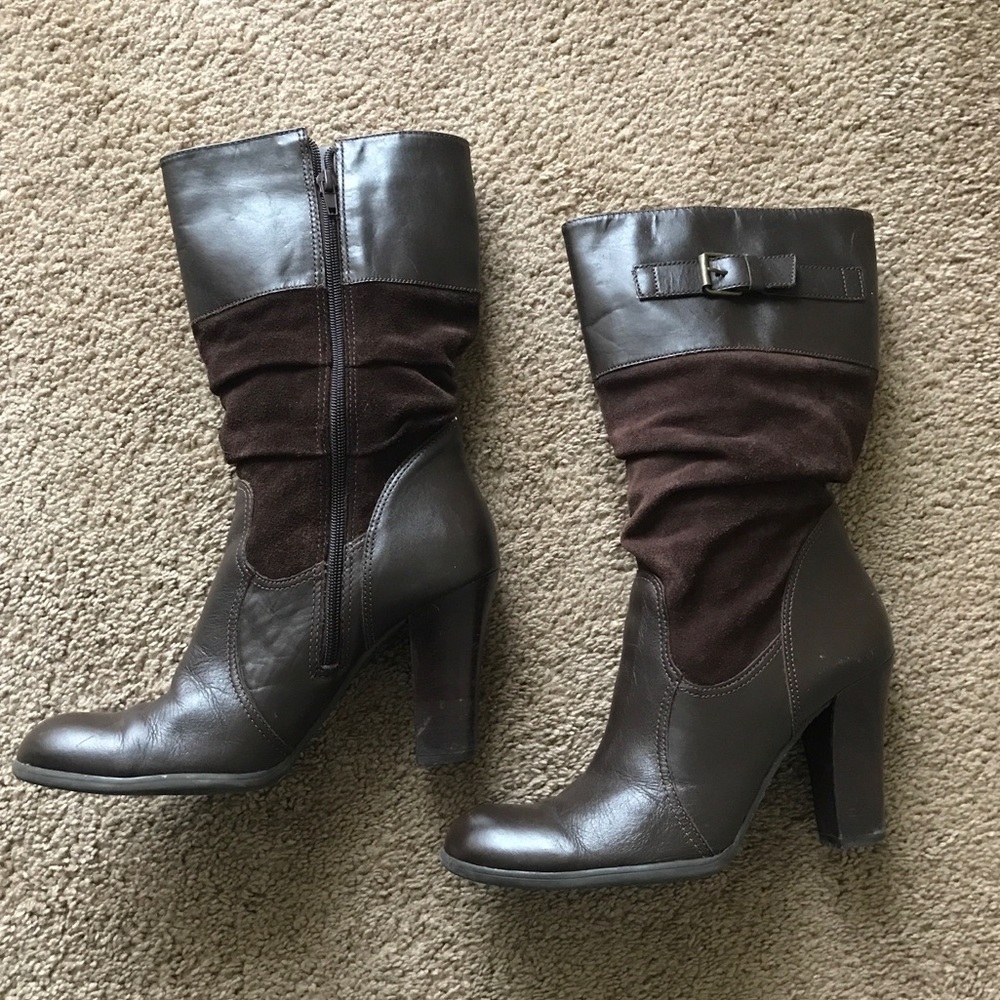 Brown Leather & Suede Slouch Boots by Connie